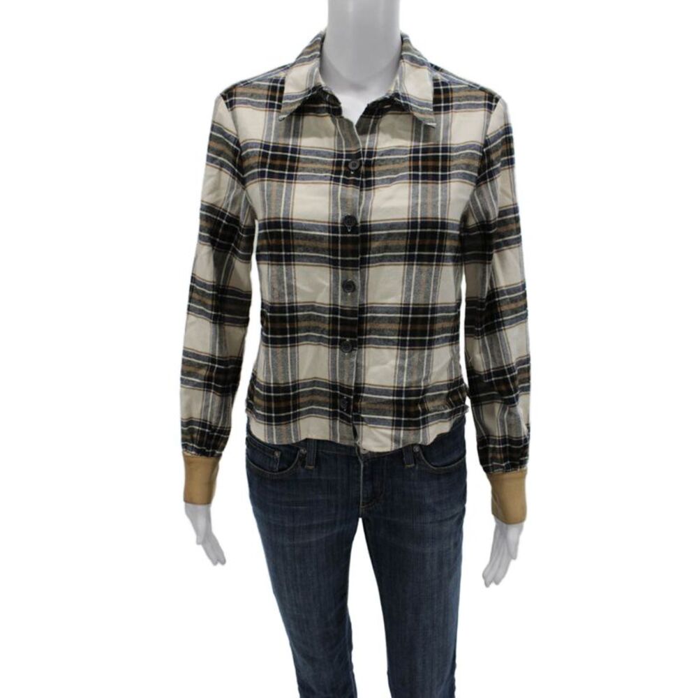 Drew Womens Button-Up Plaid Multicolor Long Sleeve Collared Top Size XS